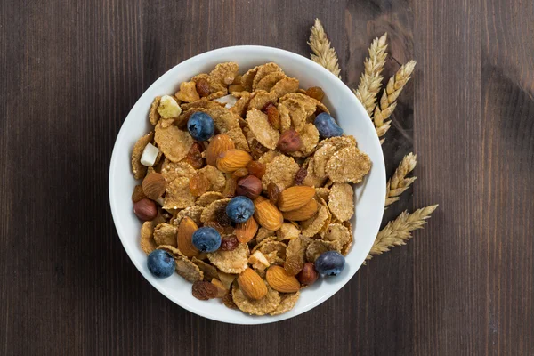 Ontbijt graanvlokken met bosbessen en noten — Stockfoto