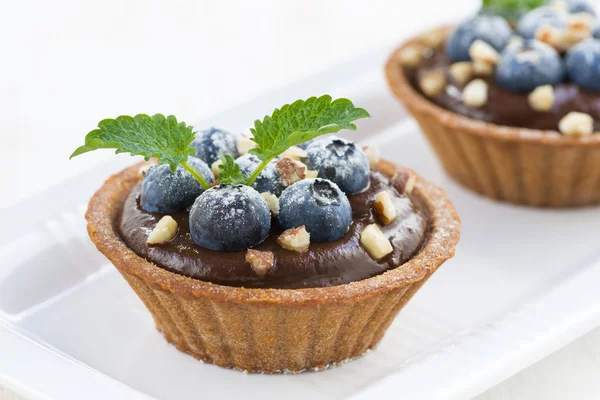 Chocolate mousse with blueberries, nuts and mint in tartlets — Stock Photo, Image