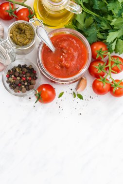 Domates Sos, pesto ve malzemeler ve beyaz arka plan