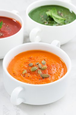 Beyaz arka plan üzerinde renkli sebze krem çorba çeşitleri