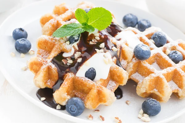 Waffles com mirtilos frescos, creme e molho de chocolate — Fotografia de Stock