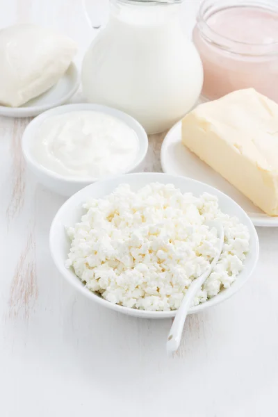 Fresh dairy products on white wooden background, vertical — Stock Photo, Image