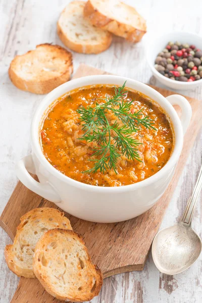 Tomato soup with rice, vegetables and bread, vertical — Stock Image Tomato soup with rice, vegetables and bread, vertical Stock Picture