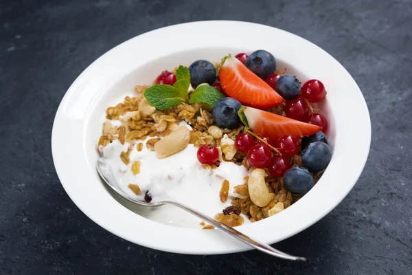 Muesli al horno con bayas frescas y yogur, primer plano — Foto de Stock