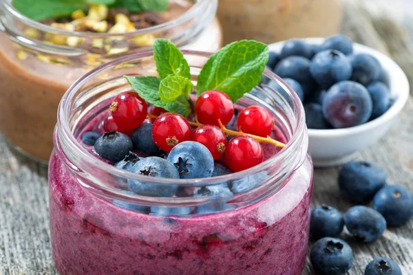 Assortment breakfast with fresh berries, fruit and chocolate — Stock Photo, Image