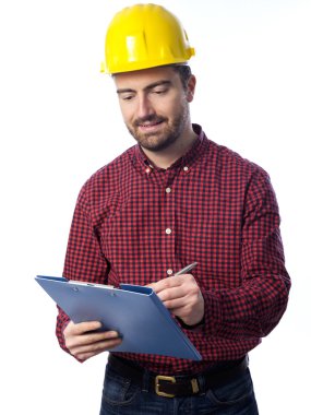 işçi kalite kontrol kontrol izole üzerinde beyaz arka plan