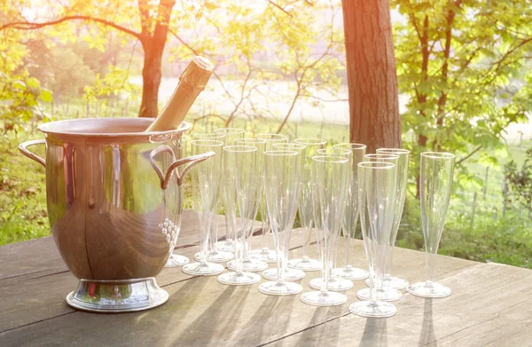 Copas de vino champán en una mesa de madera en el campo — Foto de Stock