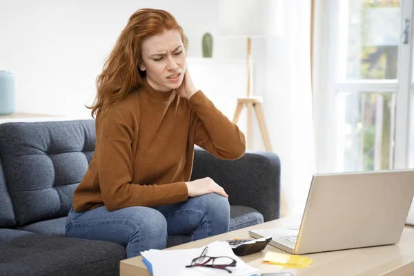 One Young Redhead Woman Suffers Neck Pain Cramp — Stock Fotó