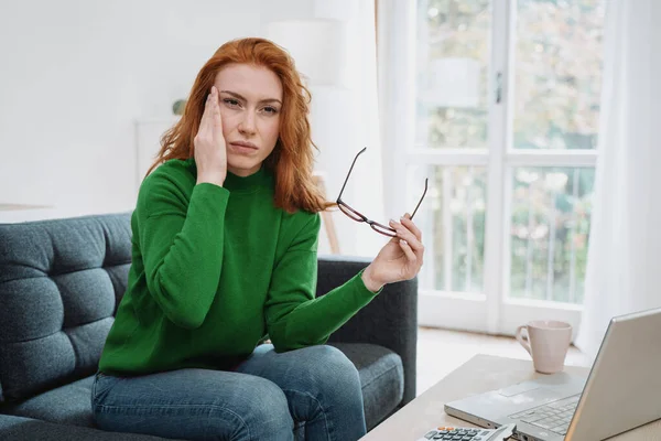 One Young Redhead Woman Suffers Head Pain — Stock Fotó