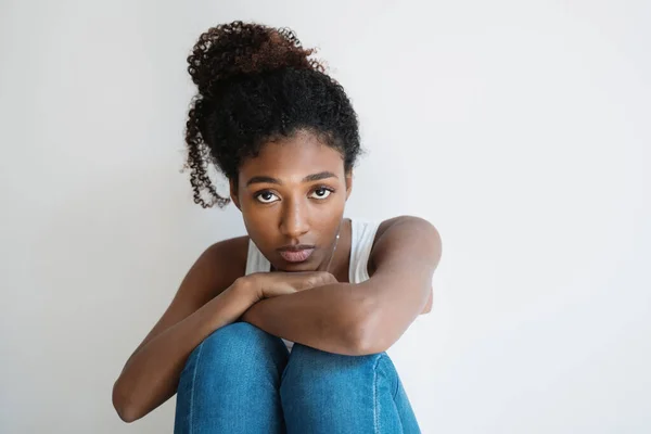 Sad Afro American Woman Portrait Home Feeling Bad — Stock Photo, Image