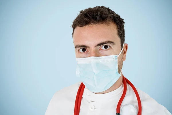 Retrato Médico Masculino Com Máscara Facial Fundo — Fotografia de Stock