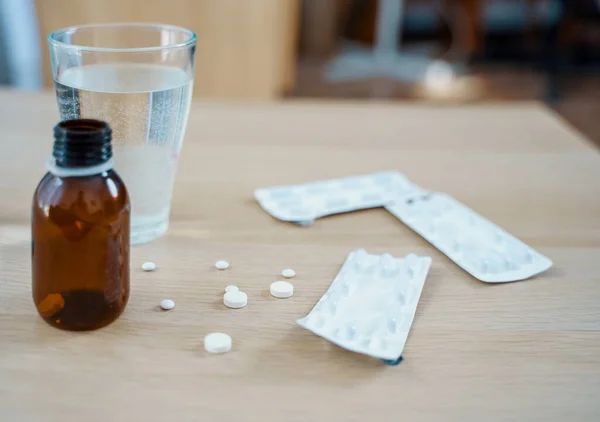 Antidepressant drugs meds, capsule and pills on table