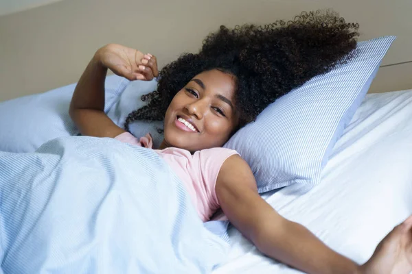 African American Woman Stretching Bed Morning — Stock Photo, Image