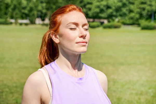 One Relaxed Young Woman Breathing Exercise Outdoor —  Fotos de Stock