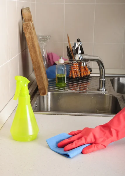 Housecleaning with glove and spray — Stock Photo, Image