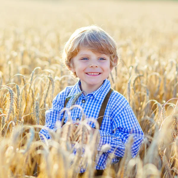 Zabawne dziecko chłopczyk w skórzane shors, chodzenie po pszenicy do Internetu — Zdjęcie stockowe