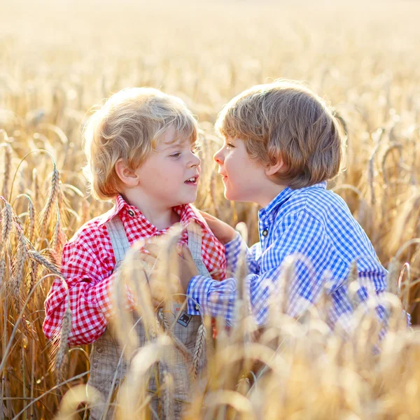 Deux petits frères et sœurs s'amusent et parlent sur du blé jaune — Photo