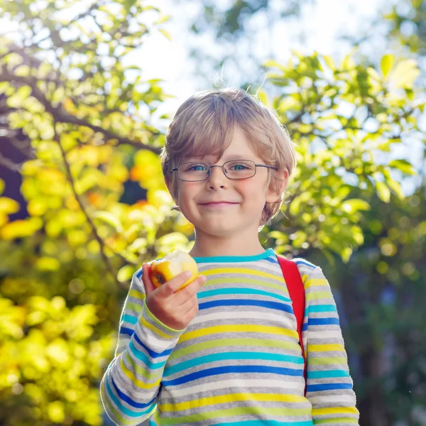 苹果在上学路上的孩子的小男孩 — 图库照片