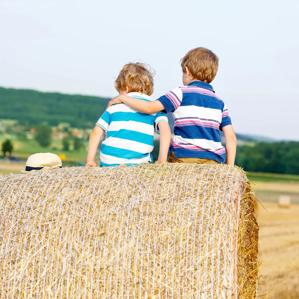 Deux petits enfants et amis avec une meule de foin ou une balle — Photo