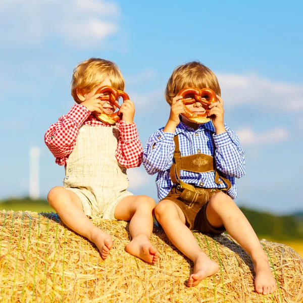 Two little kid boys and friends sitting on hay stack — Stock Photo, Image