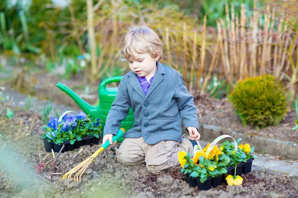 Kleine jongen tuinieren en het planten van bloemen in de tuin — Stockfoto