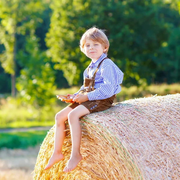 Two little kid boys and friends sitting on hay stack — Stock Photo, Image