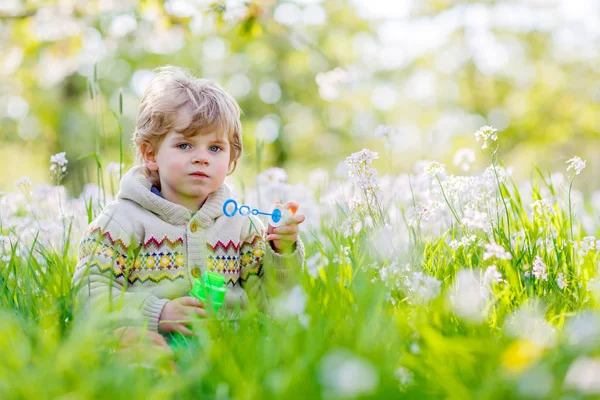 Kis gyerek fiú-tavasz a kertben virágzó virágok — Stock Fotó