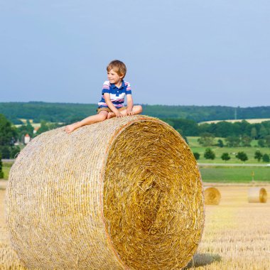 Yaz aylarında saman balya üzerinde oturan küçük çocuk çocuk