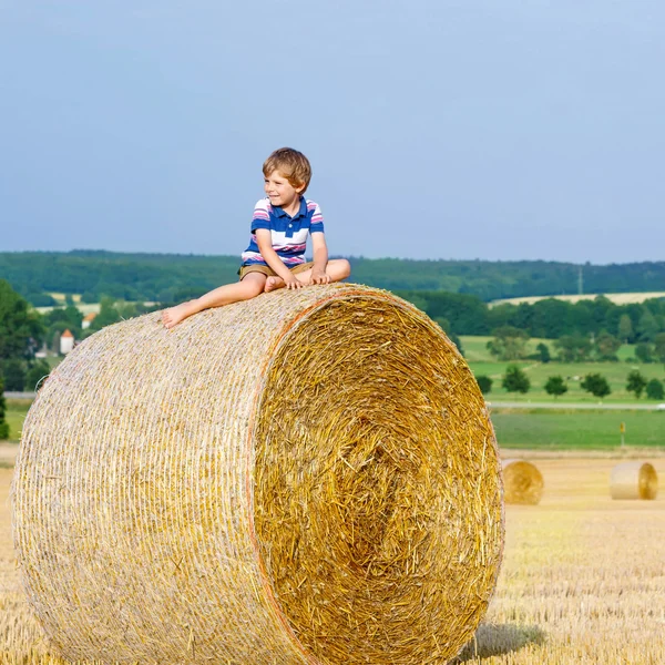 Маленький мальчик сидит на тюке сена летом — стоковое фото