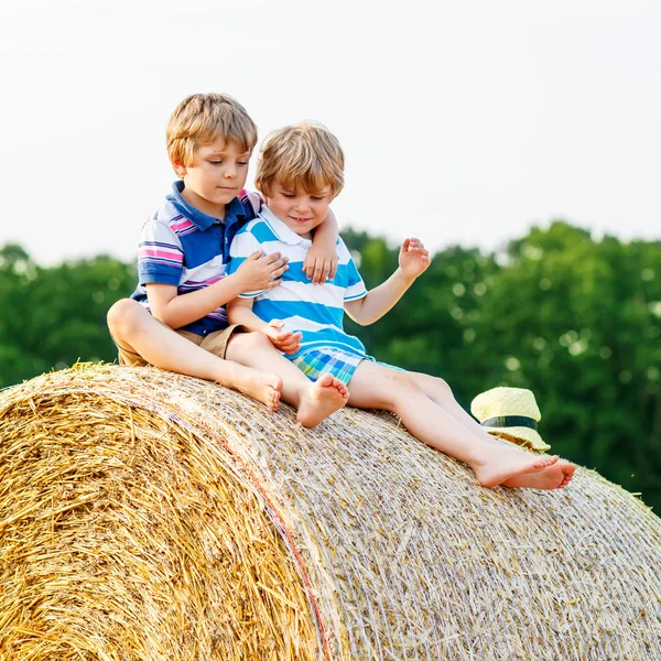 Zwei kleine Kinder und Freunde mit Heuhaufen oder Ballen — Stockfoto