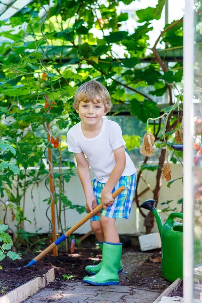 Menino pequeno que trabalha com enxada de jardim em estufa — Fotografia de Stock