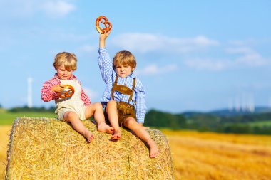 İki küçük çocuk çocuklar ve saman yığını üzerinde oturan arkadaşlar 