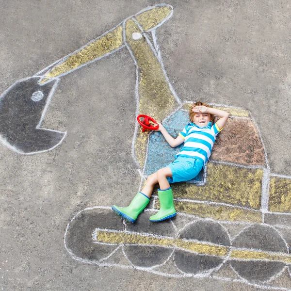 Funny little kid boy with excavator chalk picture — Stock Photo, Image