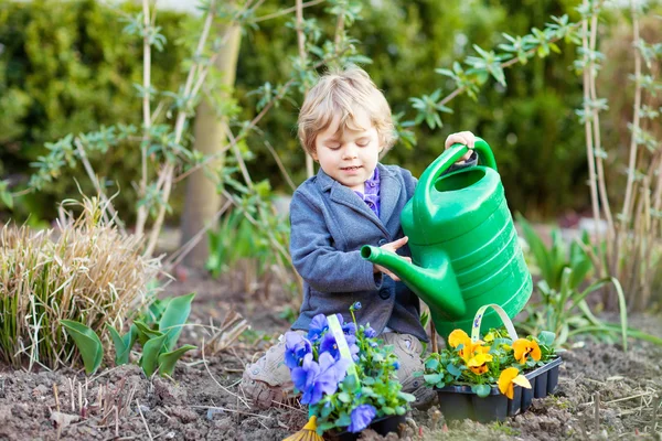 Kleine jongen tuinieren en het planten van bloemen in de tuin — Stockfoto