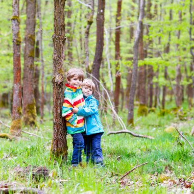 Two kid boys walking through forest on cold day