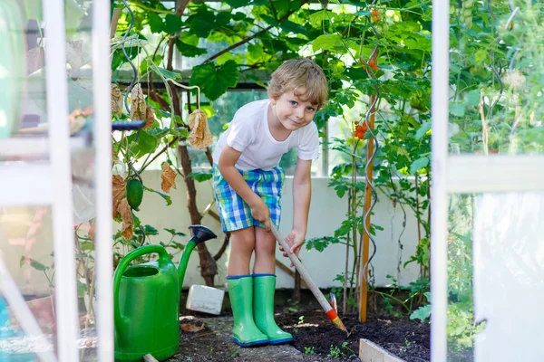 Liten unge pojke arbetar med trädgård hoe i växthus — Stockfoto