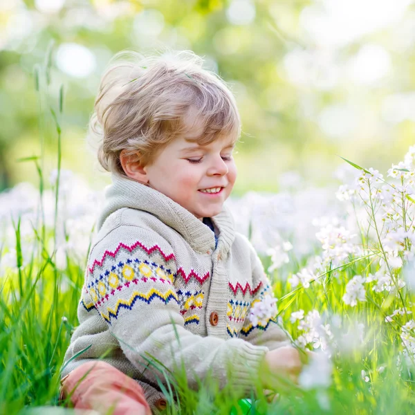 Jongen jongen in lentetuin met bloeiende bloemen — Stockfoto