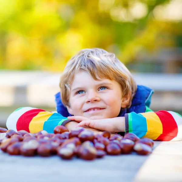 Little blond kid playing with chestnuts in autumn park. — Stock Photo, Image