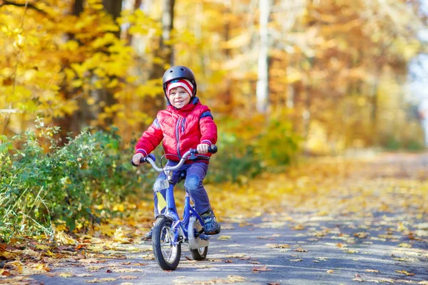 Jongen-jongetje met fiets in herfst bos — Stockfoto