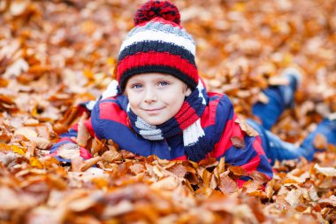 Sonbahar yaprakları arasında küçük şirin bir çocuk parkta..