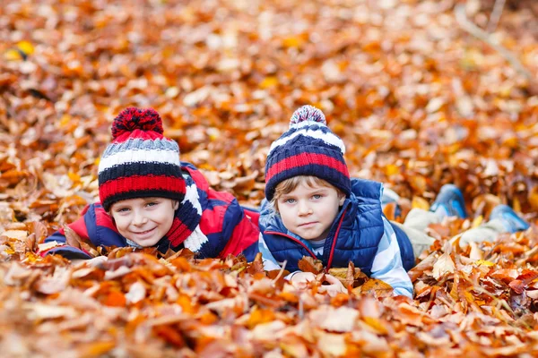 Dois garotinhos deitados em folhas de outono, no parque. — Fotografia de Stock