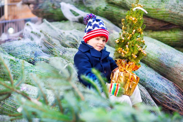 Beau petit garçon souriant tenant arbre de Noël — Photo