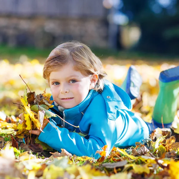 Little kid boy with yellow autumn leaves in park — Stock Photo, Image