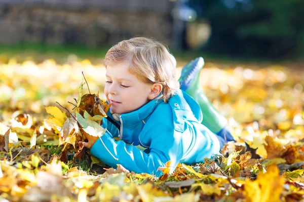 Liten unge pojke med gula hösten lämnar i park — Stockfoto