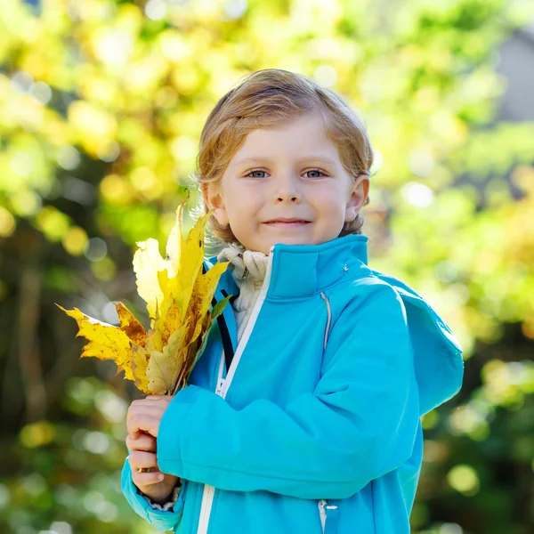 Malé dítě chlapec s žlutá podzimní listy v parku — Stock fotografie