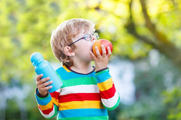 Mały chłopiec szkoły z książek, jabłko i picia butelka — Zdjęcie stockowe