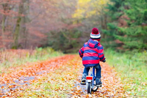 Petit garçon avec vélo dans la forêt d'automne — Photo