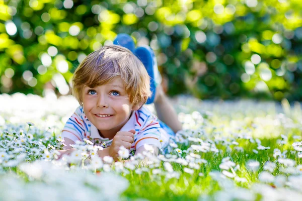 Engraçado garoto que coloca na grama verde no verão — Fotografia de Stock