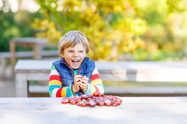 Bambino biondo che gioca con le castagne nel parco autunnale . — Foto Stock