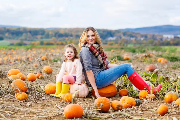 Kleine Mädchen und Mutter amüsieren sich auf dem Kürbisfeld — Stockfoto